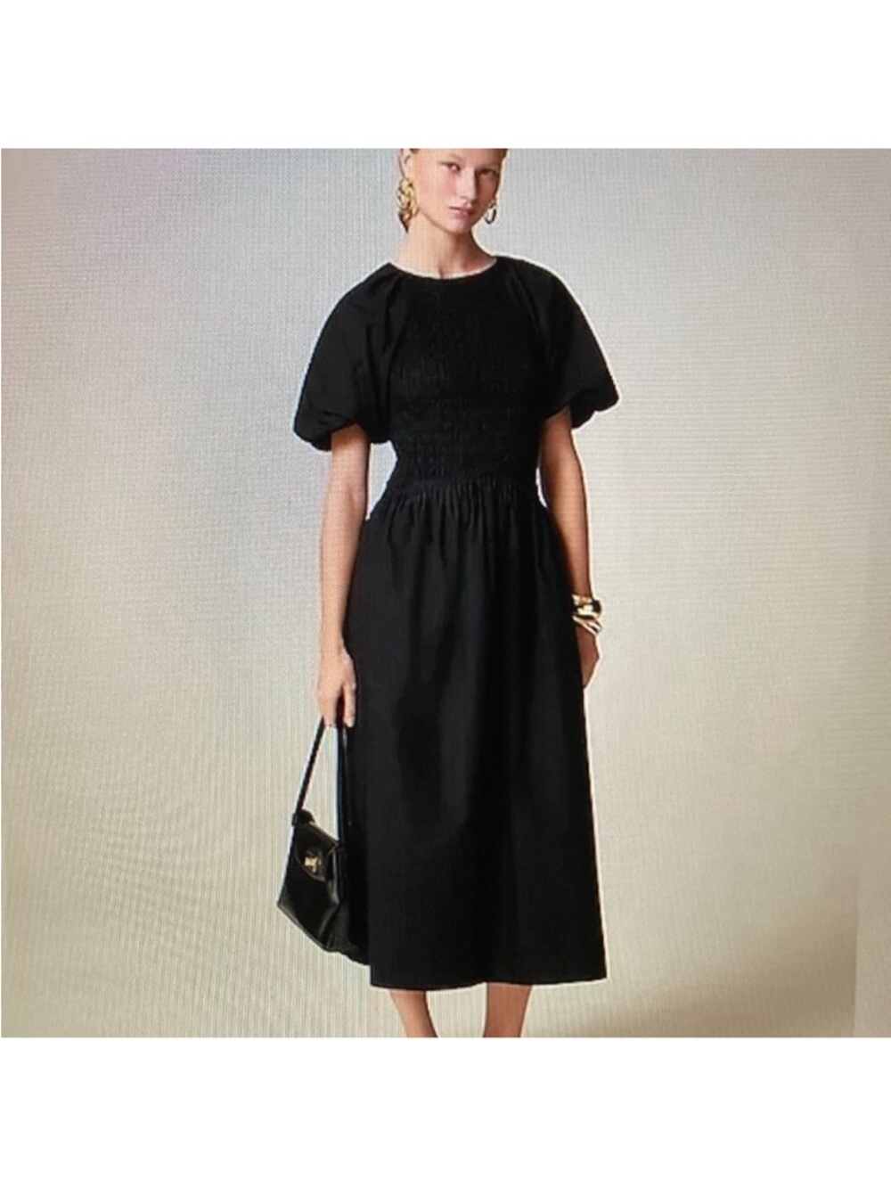 J. Crew Black Puff-Sleeve Midi Dress with Smocking